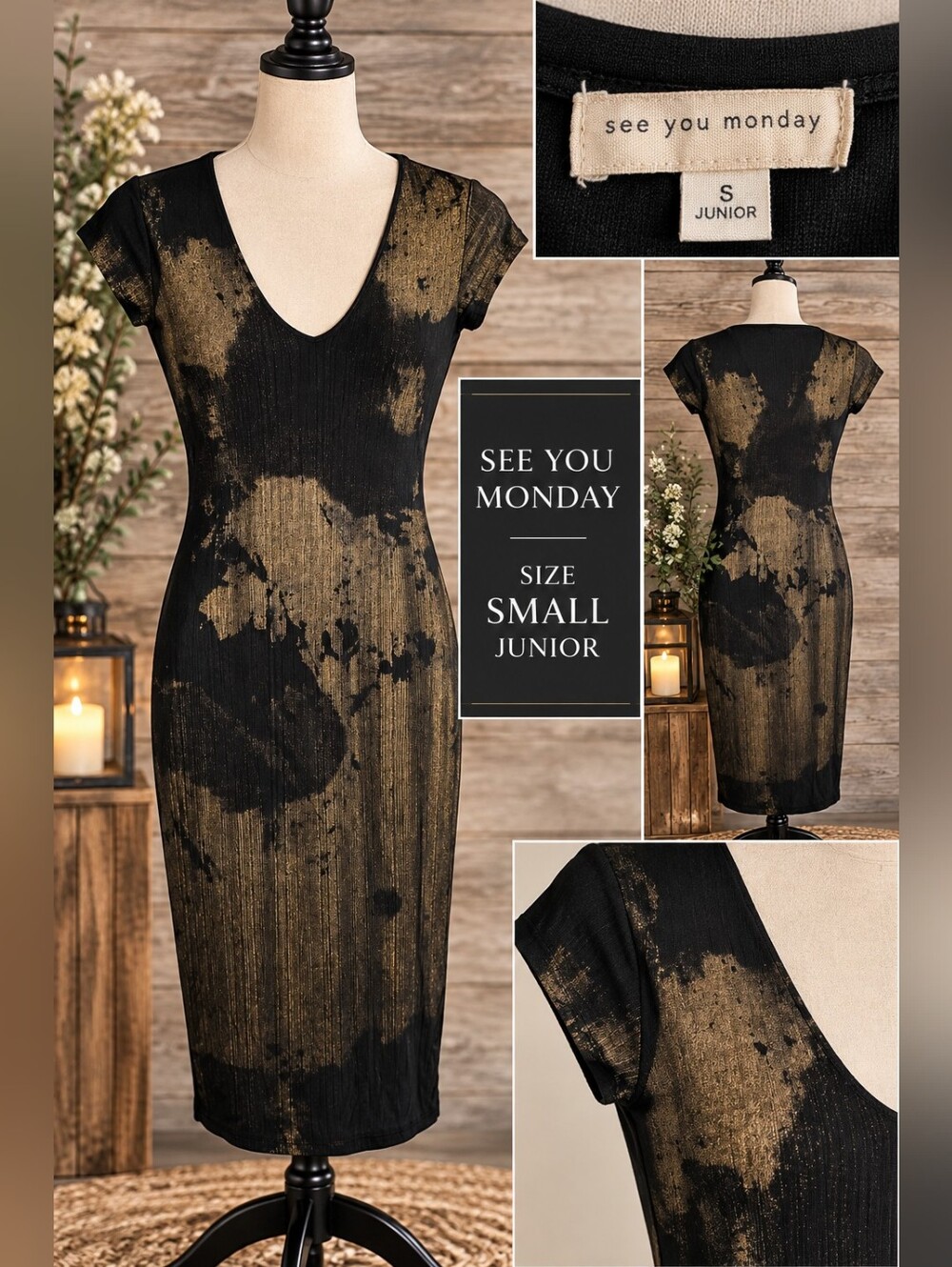 See You Monday Black and Gold Metallic Midi Dress